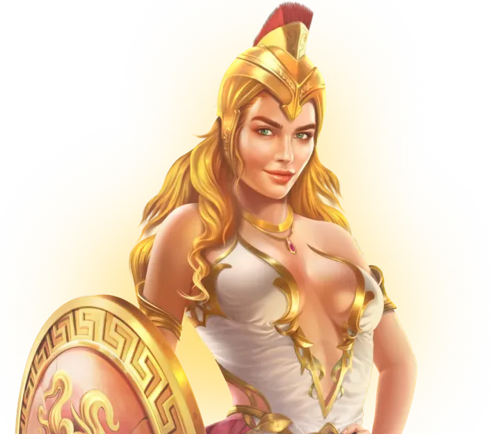 Godin met gouden helm uit de welkomstpagina van Kaasino