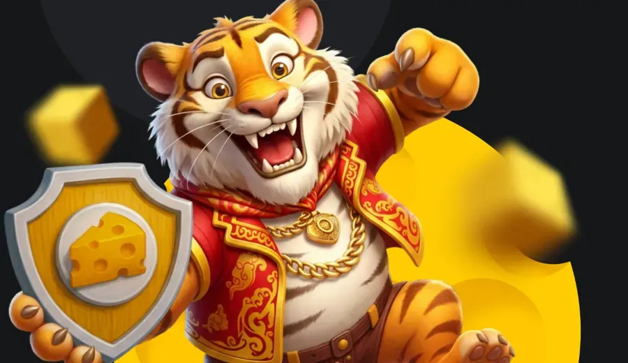 Tijger met kaasschild uit de Cheese Club-banner van Kaasino