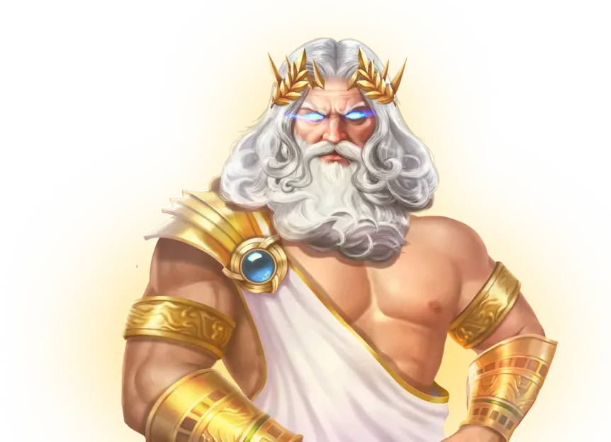 Zeus uit de welkomstpagina van Kaasino stijgt op uit een gat in de kaas